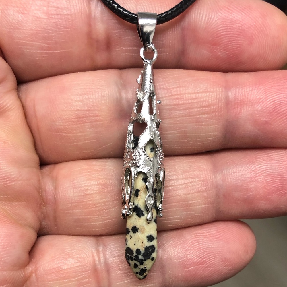 Dalmatian Natural Stone Hexagonal Prism Pyramid Pendant Gemstone Necklace - Picture 2 of 4